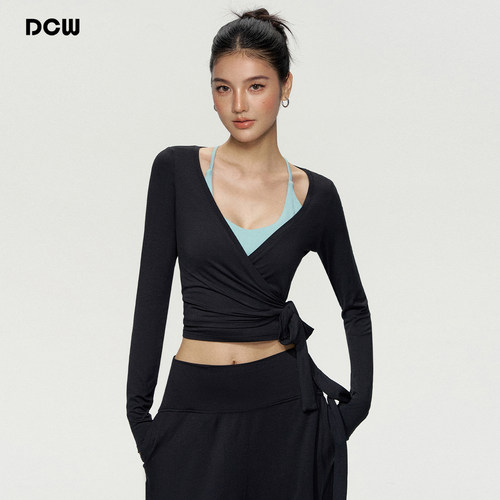 dcw修身V领绑带瑜伽开衫长袖上衣