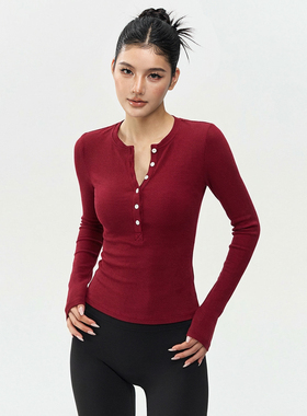 LU同款红色瑜伽服上衣女2026新款高级感亨利衫跑步运动T恤健身衣