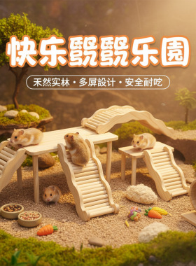 跨境实木多功能金丝熊笼子装饰躲避多层仓鼠二层波浪楼梯造景用品