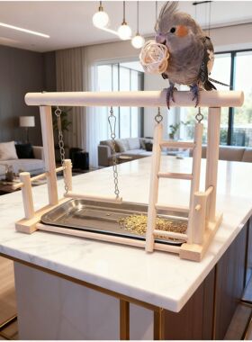 跨境桌面站杆鸟用互动游乐带爬梯秋千托盘喂食器实木鹦鹉训练站架