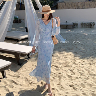 秀熙熙2026春季新款法式气质印花复古高腰长袖显瘦连衣裙子88512