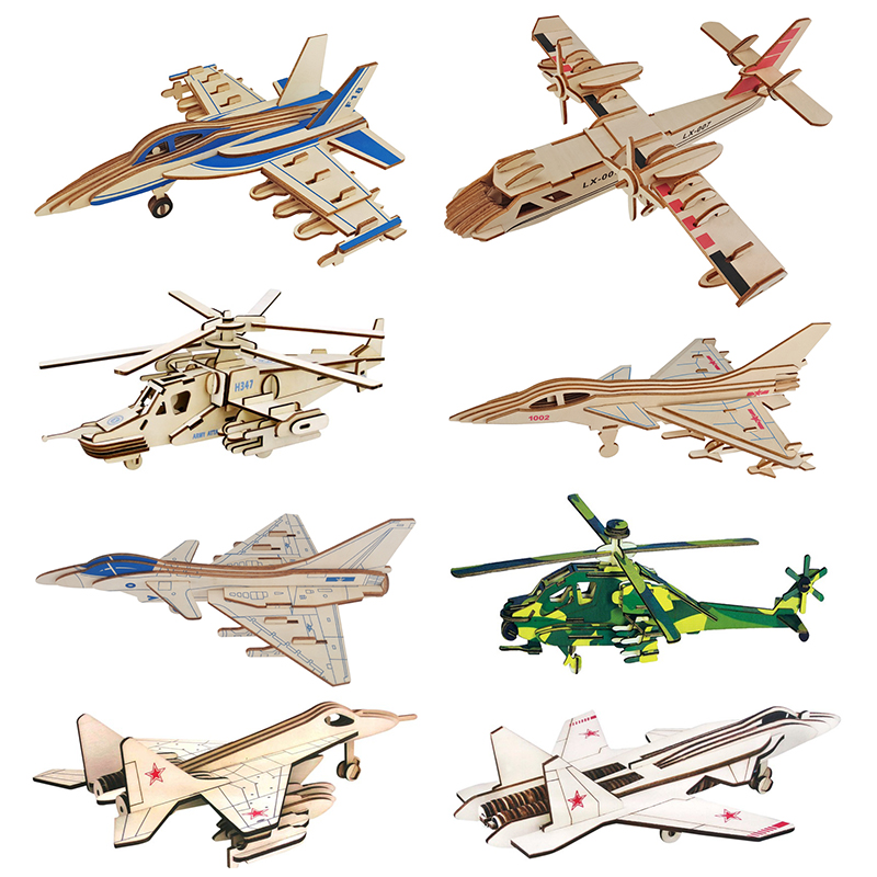 木质3D立体拼图六一儿童节礼物益智力玩具手工拼装战斗机飞机模型