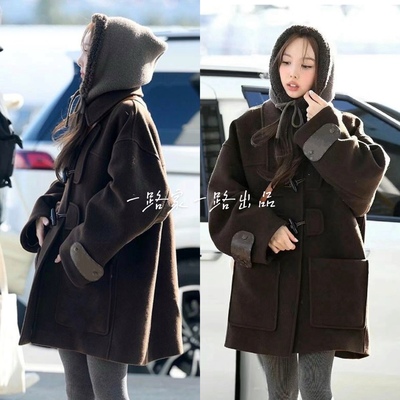 林娜琏明星同款美拉德牛角扣学院风毛呢外套女复古时髦大衣冬装