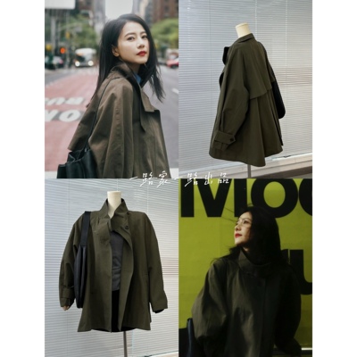 高圆圆同款橄榄绿高级感风衣外套