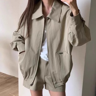 短裤 极简复古时髦工装 翻领宽松夹克外套 女 套装 25秋季 ELUCP 新款