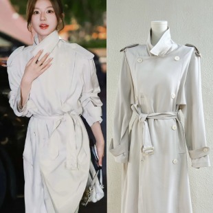现货赵露思许我耀眼许妍同款 白色仿醋酸翻领气质风衣高级感外套