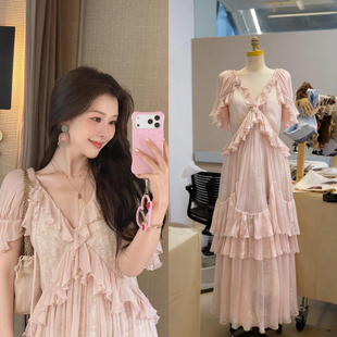 一枝南南易梦玲同款粉色v领蕾丝荷叶边连衣裙女春夏仙女风蛋糕裙