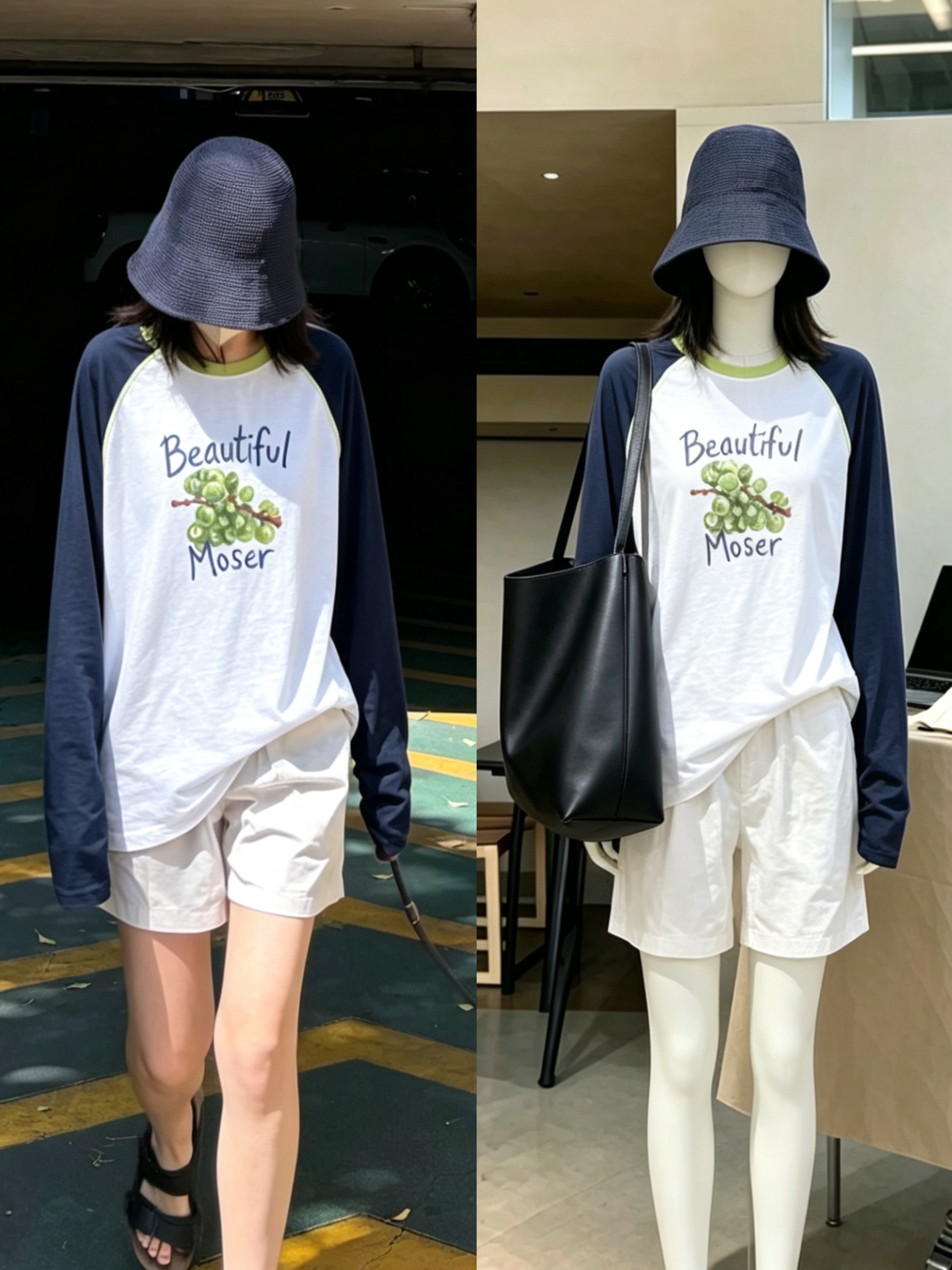 ELU独家葡萄图案长袖防晒T恤宽松韩版下衣失踪感觉印花巨好看上衣