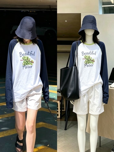 ELU独家葡萄图案长袖防晒T恤宽松韩版下衣失踪感觉印花巨好看上衣