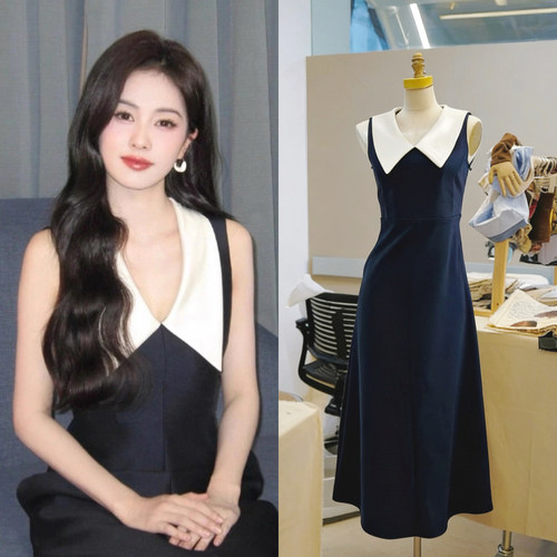 现货白鹿冯琳同款法式赫本裙女夏轻奢高级感v领无袖收腰长连衣裙