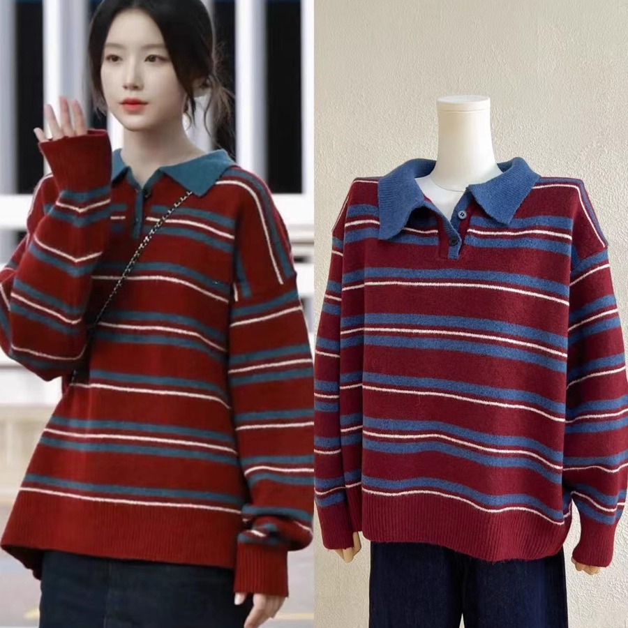 复古拼色条纹翻领套头毛衣针织衫