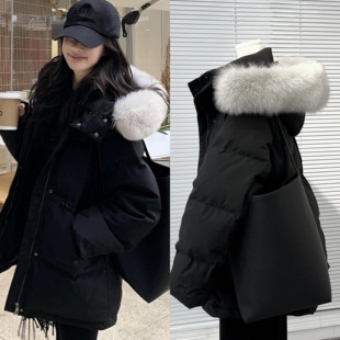 现货一路出品蓬松大毛领黑色羽绒服休闲工装百搭派克服外套2025冬