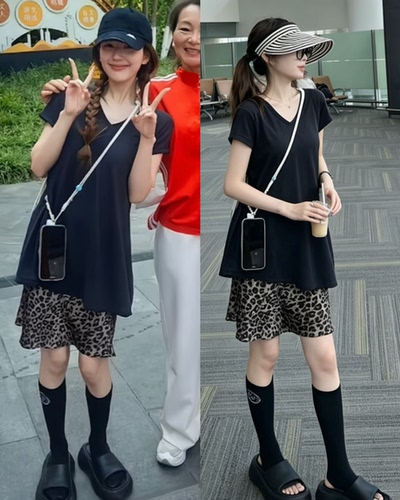 ELU2026夏季新款赵露思同款韩版宽松黑色v领短袖T恤女豹纹半身裙