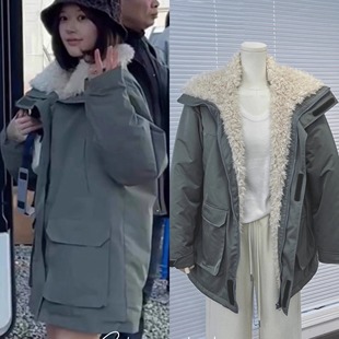 现货许我耀眼赵露思许妍同款 冲锋外套 内里羊羔绒拼接派克服中长款