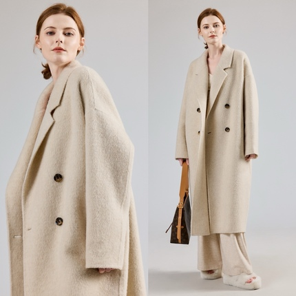 现货一路出品加厚婴驼双面呢外套女中长款慵懒风米白色羊绒大衣冬