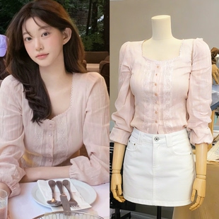 韩国蕾丝方领法式锁骨收腰粉色衬衫女春季新款甜美显瘦绝美上衣