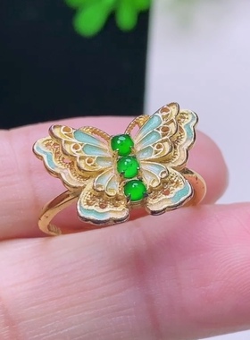 s925银镶嵌天然翡翠蝴蝶戒指，裸石尺寸 2.5mm