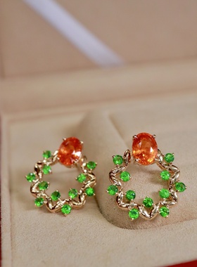 18K金镶嵌芬达石沙弗来耳钉，主石3.135克拉 沙弗来1.2ct