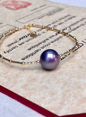 G18k金手链，大直径12一11mm稀有帝王紫爱迪生珍珠，妖孽紫色