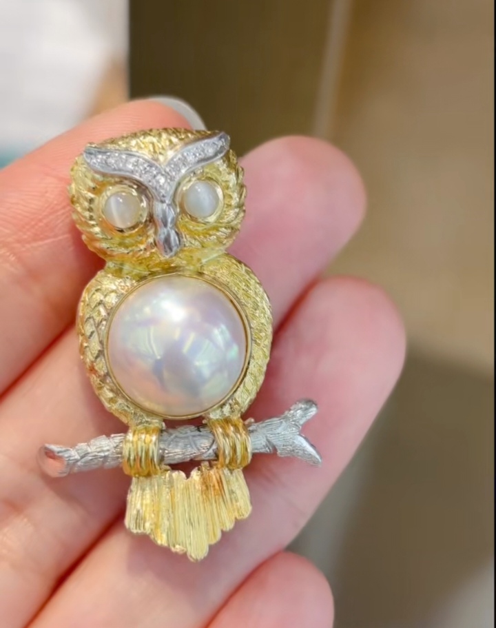 18K+Pt950铂金镶马贝珍珠胸针吊坠两用款，重9.42g