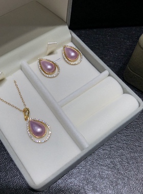 稀缺粉色海水珍珠水滴马贝珍珠套装，通体纯银，附证书