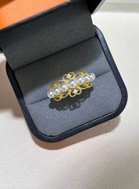 s925银蕾丝花边戒指，3-4mm极光炫彩淡水珍珠 正圆极光无瑕