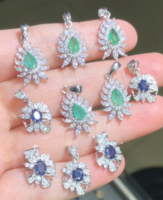 天然祖母绿，蓝宝石吊坠，s925银，晶体通透，主石4*6，4*5mm