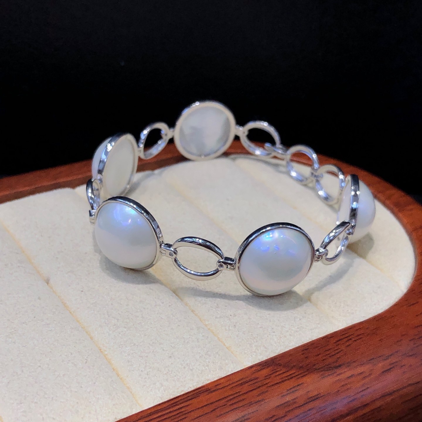 5粒海水15.5mm马贝珍珠手镯，s925银，长17.5mm