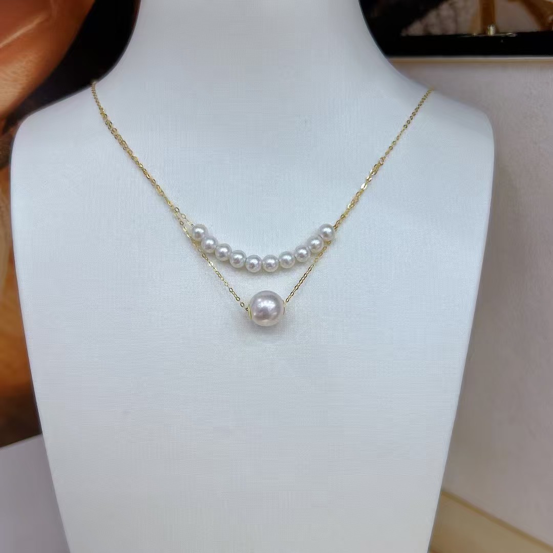 18K金双层项链，金重0.8g，无瑕淡水淡水无核珍珠，7.5mm配3.5mm