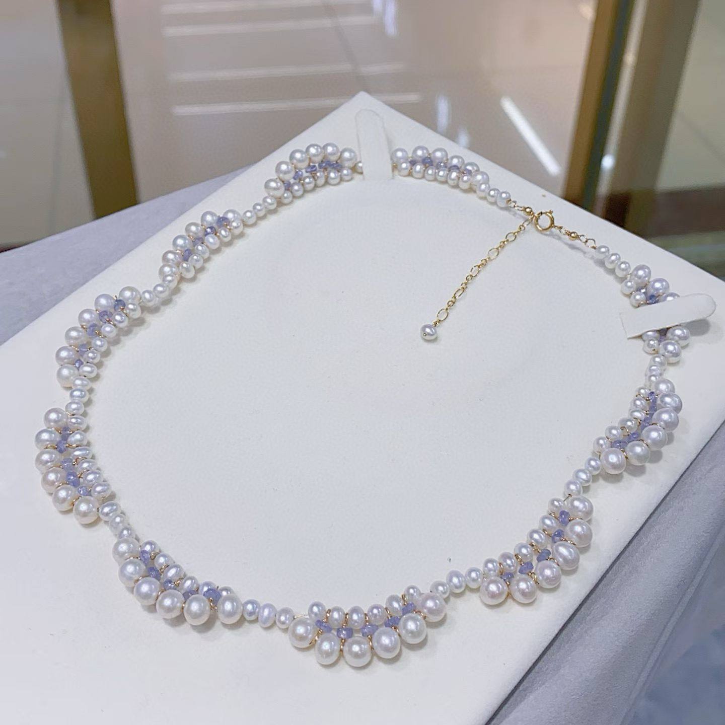 天然淡水3-6mm珍珠，坦桑石项链，微微瑕，纯手工制作