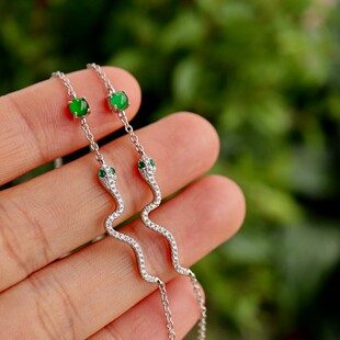 天然帝王绿翡翠银蛇手链阳绿翡翠 约3.5mm S925纯银镀18k白金