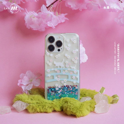 原创樱花猫少女流沙手机壳适用iphone15pro华为p60oppo小米13vivo