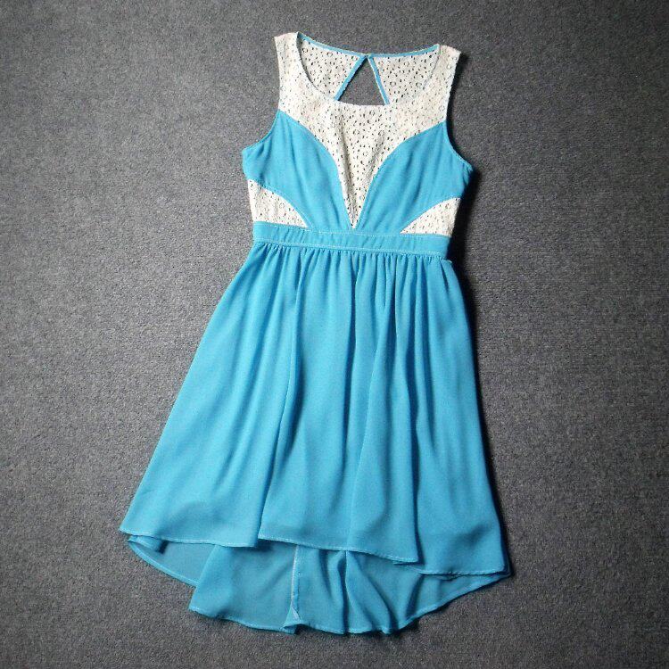 6368-夏季薄款蕾丝拼接雪纺外贸美单修身显瘦小码气质款连衣裙