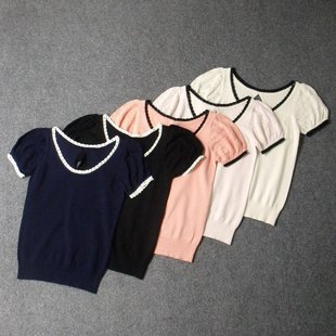 针织衫 5590 外贸日本原单高弹力柔软细针百搭圆领镂空短袖