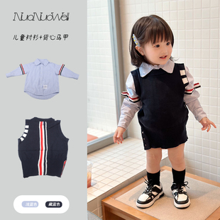 中小女童韩版TB条纹织带上衣儿童春秋季学院风长袖衬衫针织衫