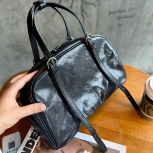 明星同款裘 真植鞣牛皮悠悠保龄球包女包复古通勤大容量单肩包包