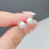 S925 纯银耳钉空托 金色银色银饰耳环女 DIY珍珠配件 配7 8mm圆扁