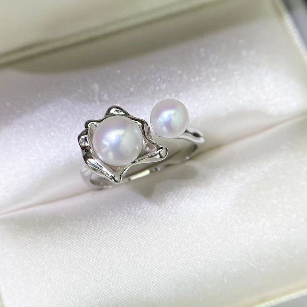 DIY珍珠配件 S925 纯银戒指空托 金色银色双珠银饰托 配5-7mm圆