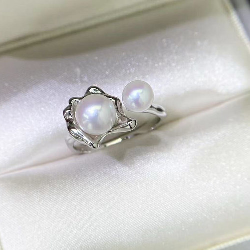 DIY珍珠配件 S925 纯银戒指空托 金色银色双珠银饰托 配5-7mm圆