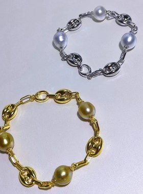 DIY珍珠配件 S925纯银手链空托 猪鼻款 金色银色 配10-13mm圆巴珠