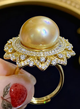 DIY珍珠配件 S925 纯银戒指空托 金色银色厚板银饰托 配12-14mm圆