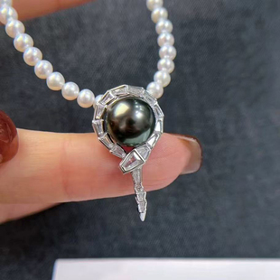 S925 配9 纯银吊坠空托 蛇形项链坠 10mm圆扁 扣子款 DIY珍珠配件