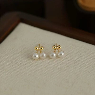 DIY珍珠配件 S925 纯银耳钉空托 金色银色樱桃银饰耳环 配4-5mm圆