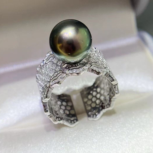 DIY蕾丝珍珠戒指配件 S925 纯银空托 金色银色厚版银饰托9-12mm圆