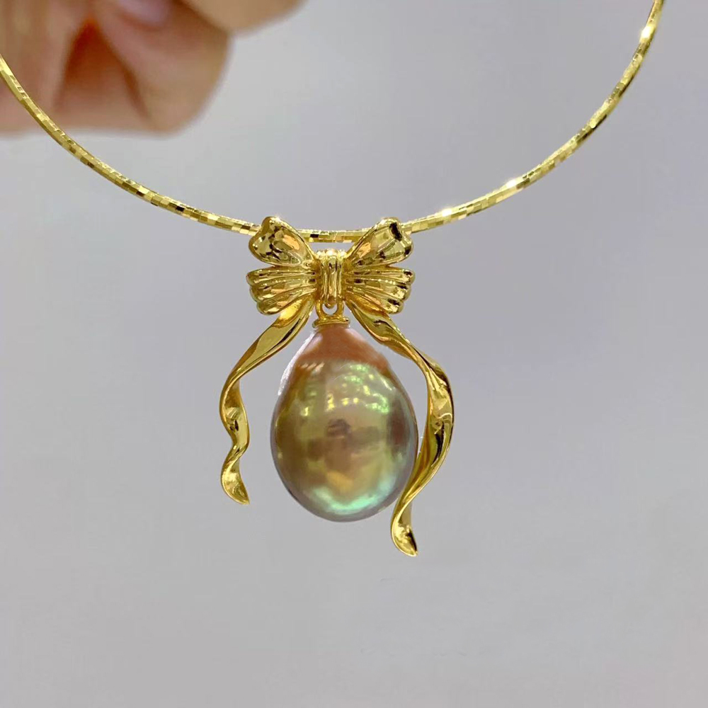 DIY珍珠配件 S925 纯银吊坠空托 蝴蝶结金色银色项链坠9-13mm圆椭