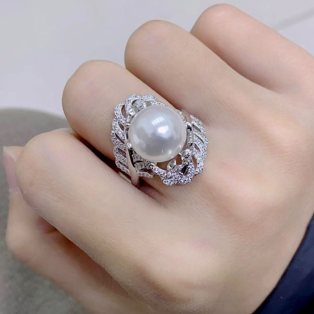 DIY珍珠配件 S925 纯银戒指空托 金色银色厚版银饰托 配11-13mm圆