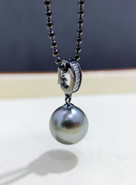 DIY珍珠配件 S925 纯银吊坠空托 时尚黑色项链坠 配9-13mm圆巴珠