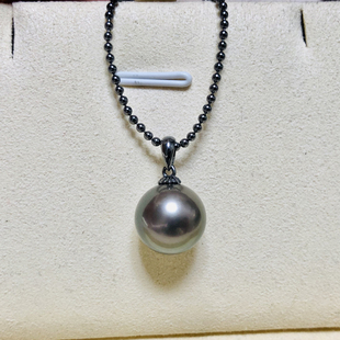 S925 配9 纯银吊坠空托 项链坠 13mm圆巴珠 黑色厚版 DIY珍珠配件