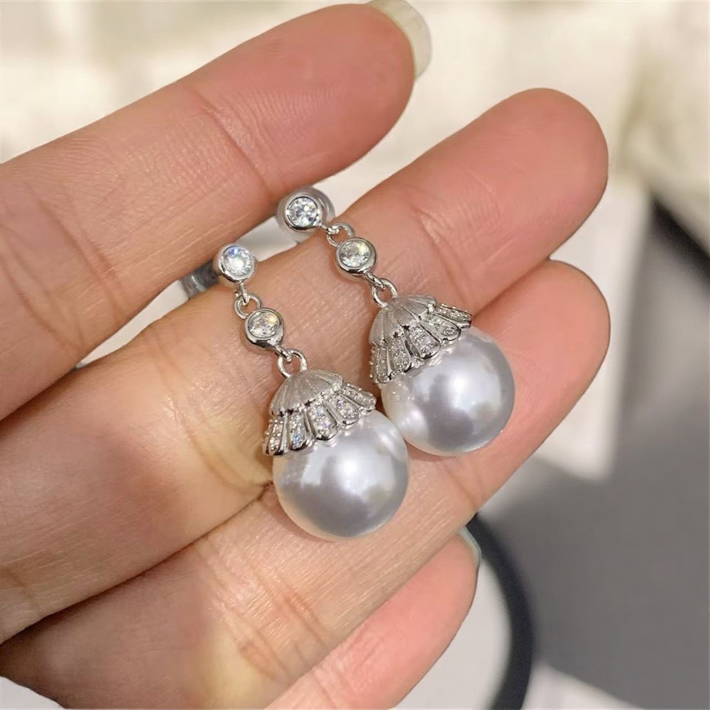 DIY珍珠配件 S925 纯银耳钉空托 金色银色裙摆银饰 配11-13mm圆椭