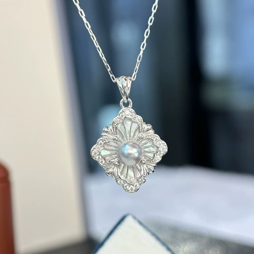 DIY珍珠配件 S925 纯银吊坠空托 轻奢金色银色项链坠 配5-6mm圆珠